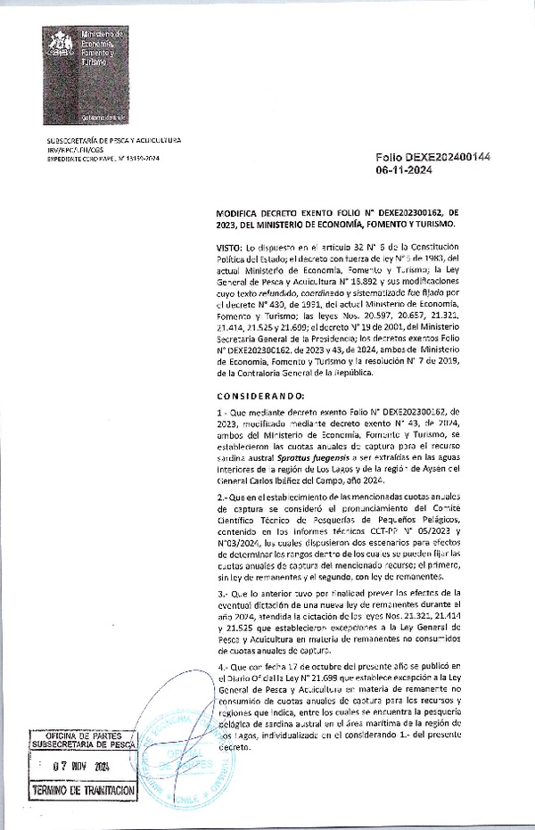 Dec. Ex. Folio 202400144 Modifica Dec. Ex. Folio 202300162 Establece Cuotas Anuales de Captura para el Recurso Sardina Austral en las Aguas Interiores en las Regiones de Los Lagos y Aysén, Año 2024. (Publicado en Página Web 15-11-2024)