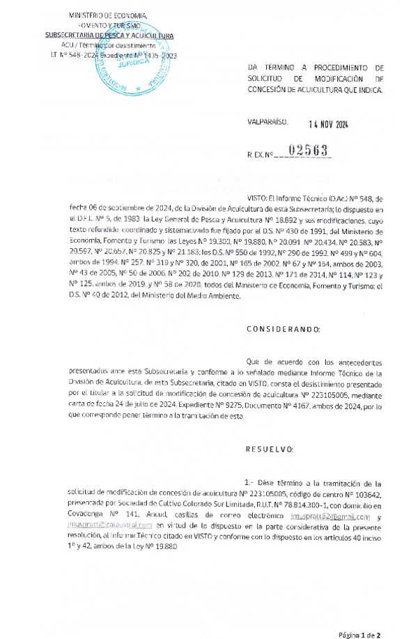 Res. Ex. N° 2563-2024 Da termino a procedimiento de solicitud de modificación de concesión de acuicultura que indica.