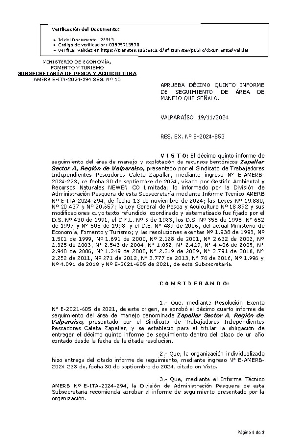RESOL. EXENTA Nº E-2024-853 Aprueba décimo quinto seguimiento. (Publicado en Página Web 22-11-2024)