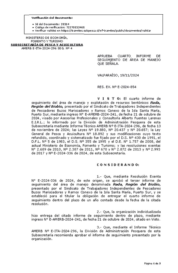 RESOL. EXENTA Nº E-2024-854 Aprueba cuarto informe de seguimiento. (Publicado en Página Web 22-11-2024)