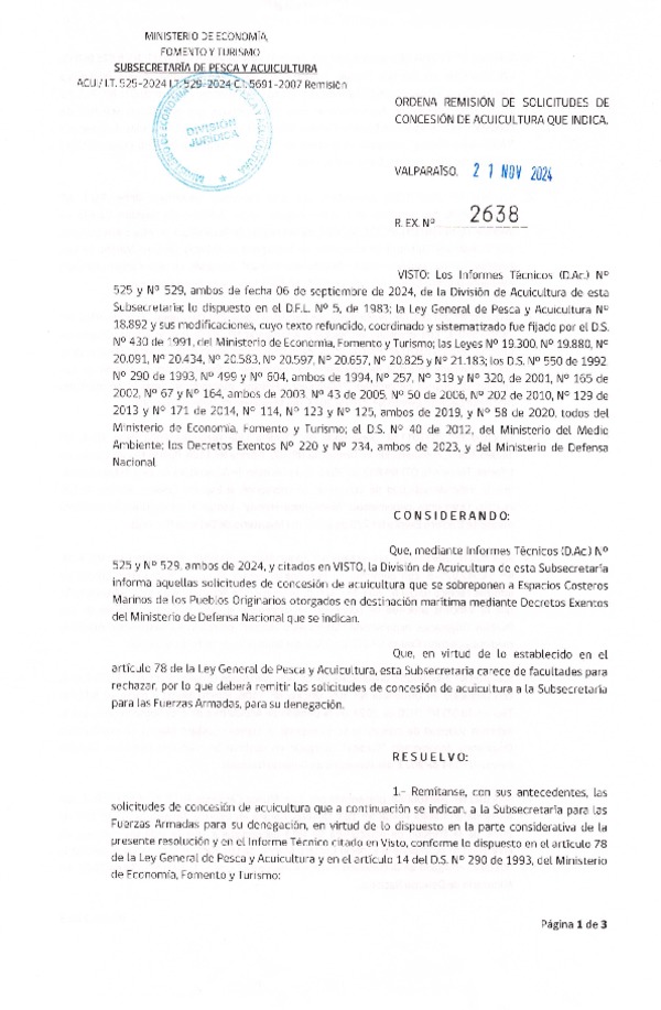 Res. Ex. N° 2638-2024 Ordena remisión de solicitudes de concesión de acuicultura que indica. (Publicado en Página Web 22-11-2024)