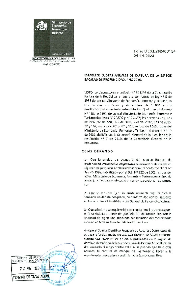 Dec. Ex. Folio N° 202400154 Establece Cuotas Anuales de Captura de la Especie Bacalao de Profundidad, Año 2025. (Publicado en Página Web 22-11-2024)