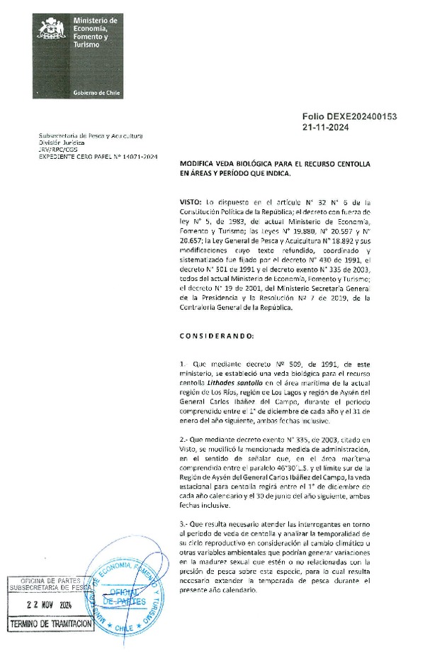 Dec. Ex. Folio 202400153 Modifica Veda Biológica Recurso Centolla, en Áreas y Período que Indica. (Publicado en Página Web 25-11-2024)