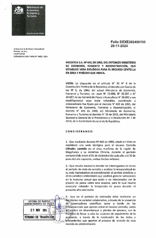 Dec. Ex. Folio 202400155 Modifica D.S. Nº 443 de 1990, del entonces Ministerio de Economía, Fomento y Reconstrucción, que establece Veda Biológica Recurso Centolla, en Áreas y Período que Indica. (Publicado en Página Web 26-11-2024)