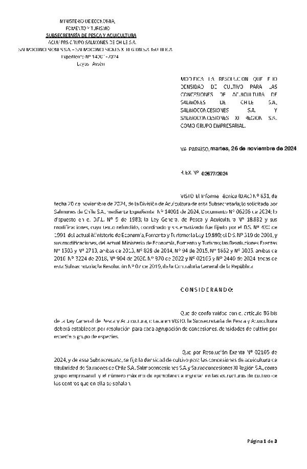 Res. Ex. N° 2677-2024 Modifica Res. Ex. Nº 2165-2024 Fija densidad de cultivo para las concesiones de acuicultura de titularidad de Salmones de Chile S.A. Salmoconcesiones S.A. y Salmoconcesiones XI Región S.A., como grupo empresarial. Aprueba Programa de Manejo que Indica. (Con informe técnico) (Publicado en Página Web 26-11-2024)