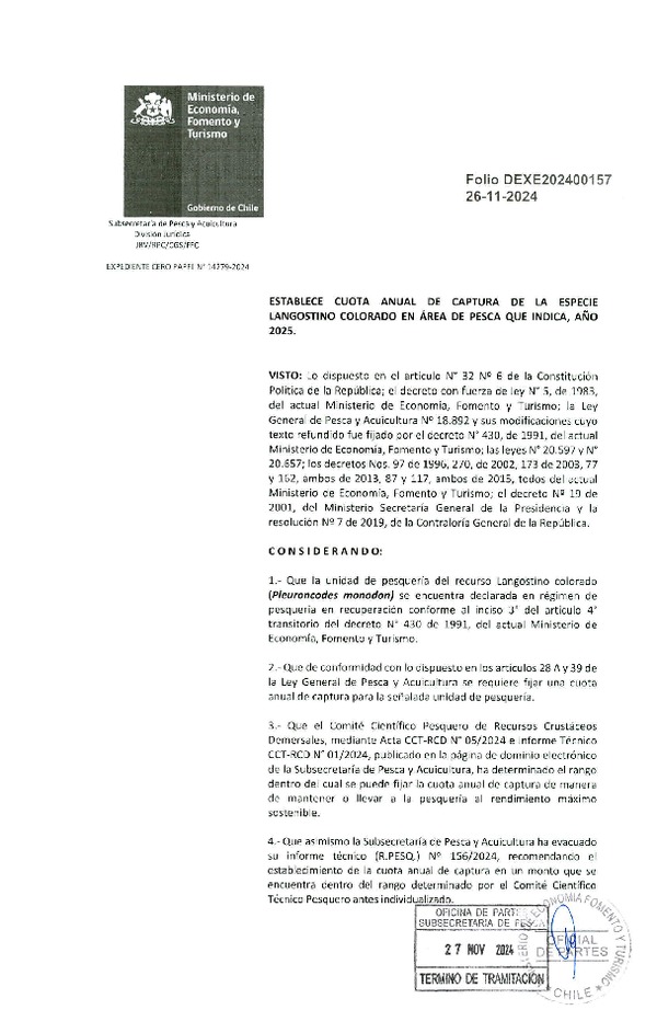 Dec. Ex. Folio 202400157 Establece Cuota Anual de Captura de la especie Langostino Colorado de Área de Pesca que Indica, año 2025. (Publicado en Página Web 27-11-2024)