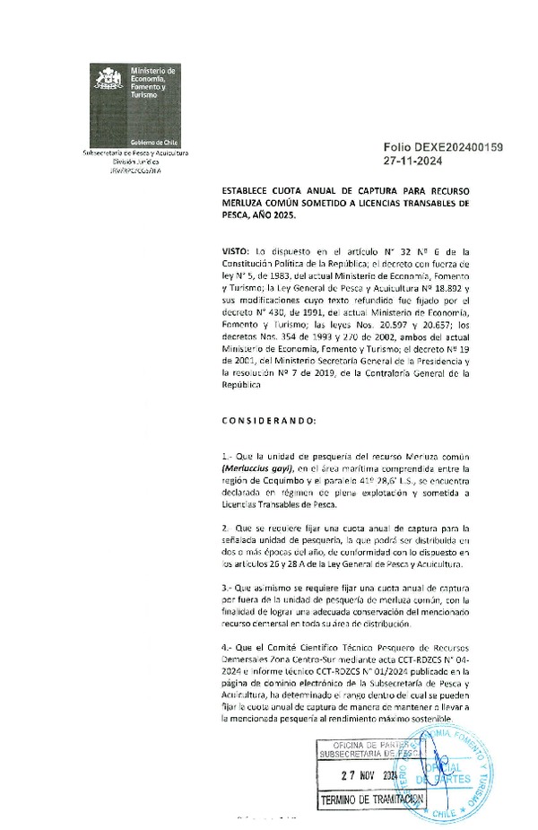 Dec. Ex. Folio 202400159 Establece Cuota Anual de Captura para el recurso Merluza común sometido a Licencias Transables de Pesca, año 2025. (Publicado en Página Web 27-11-2024)
