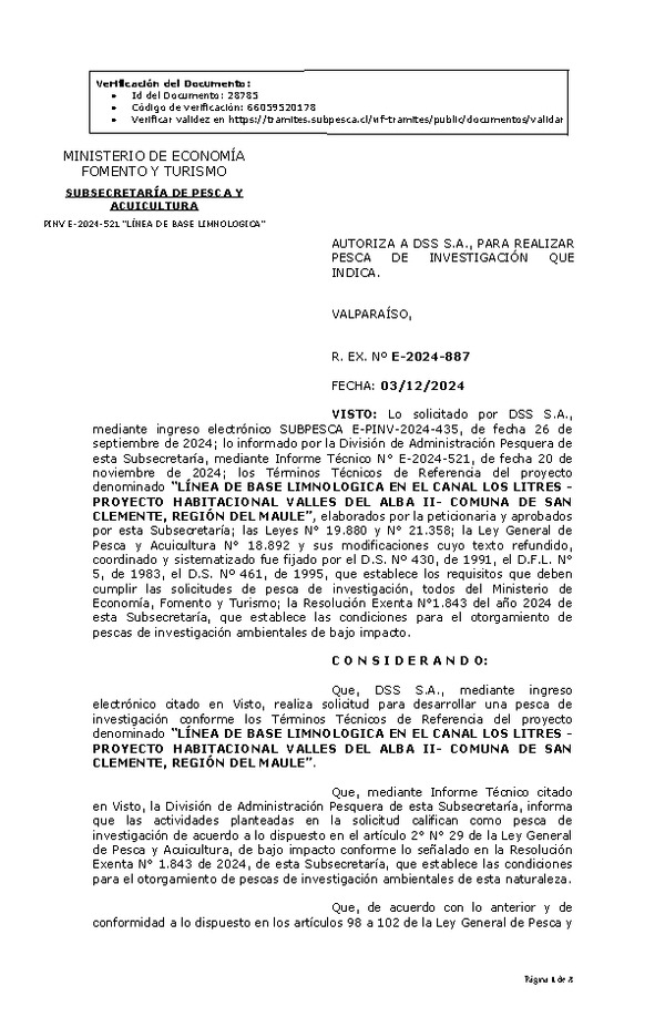  R. EX. Nº E-2024-887 AUTORIZA A DSS S.A., PARA REALIZAR PESCA DE INVESTIGACIÓN QUE INDICA. (Publicado en Página Web 05-12-2024)