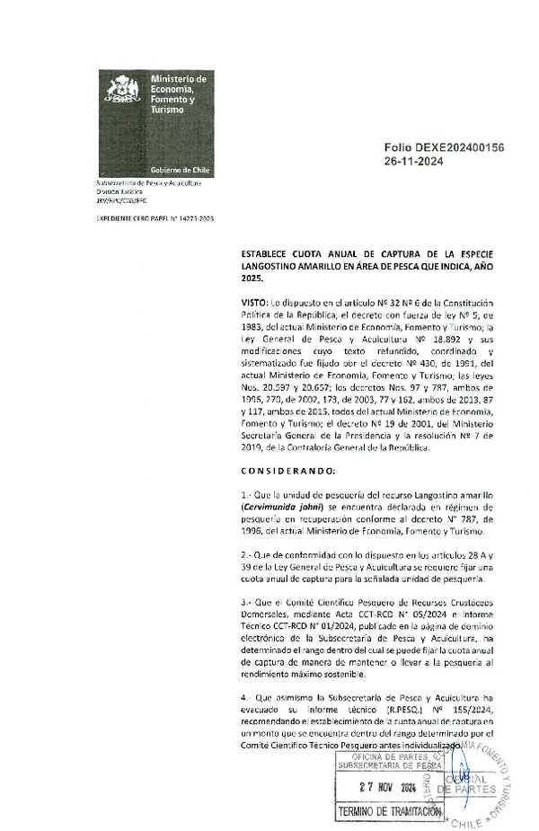 Dec. Ex. Folio 202400156 Establece Cuota Anual de Captura de la Especie Langostino Amarillo, en Área de Pesca que Indica, Año 2025. (Publicado en Página Web 27-11-2024)