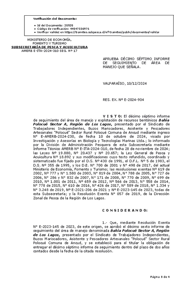 Res. Ex. N° E-2024-904 Aprueba décimo séptimo informe de seguimiento. (Publicado en Página Web 12-12-2024)