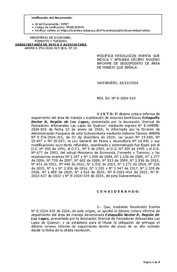 RES. EX. Nº E-2024-910 Modifica resolución que indica, Aprueba décimo noveno informe de seguimiento. (Publicado en Página Web 12-12-2024)