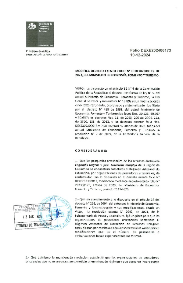 Dec. Ex. Folio 202400173 Modifica Dec. Ex. 202300013, Establece Régimen Artesanal de Extracción por organización para las Pesquerías Artesanales de Anchoveta y Jurel en la Región de Coquimbo. (Publicado en Página Web 12-12-2024).