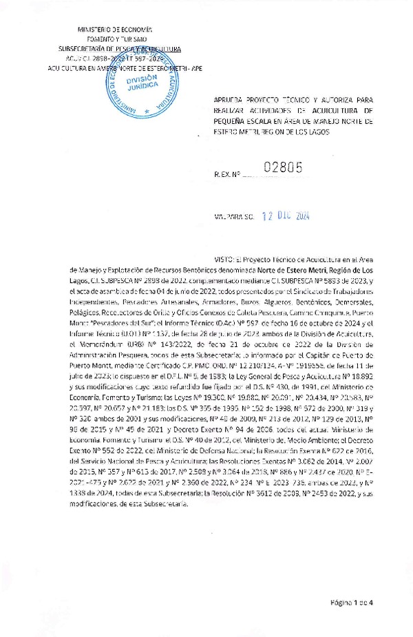 Res. Ex. N° 2805-2024, Aprueba Proyecto Técnico y Autoriza para Realizar Actividades de Acuicultura de Pequeña Escala Experimental en Área de Manejo Norte Estero Metri, Región de Los Lagos. (Publicado en Página Web 16-12-2024)