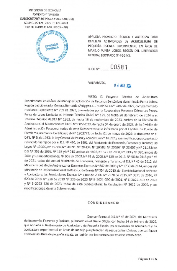 Res. Ex. N° 581-2024, Aprueba Proyecto Técnico y Autoriza para Realizar Actividades de Acuicultura de Pequeña Escala Experimental en Área de Manejo Punta Lobos, Región del Libertador General Bernardo O´Higgins. (Publicado en Página Web 17-12-2024)