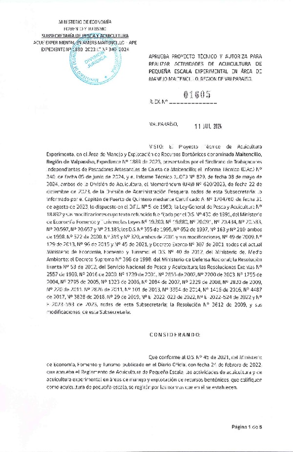 Res. Ex. N° 1605-2024, Aprueba Proyecto Técnico y Autoriza para Realizar Actividades de Acuicultura de Pequeña Escala Experimental en Área de Manejo Maitencillo, Región de Valparaíso. (Publicado en Página Web 17-12-2024)