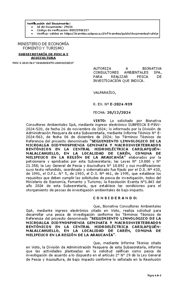 Res. Ex. N° E-2024-939 AUTORIZA A BIONATIVA CONSULTORES AMBIENTALES SPA, PARA REALIZAR PESCA DE INVESTIGACIÓN QUE INDICA. (Publicado en Página Web 20-12-2024)