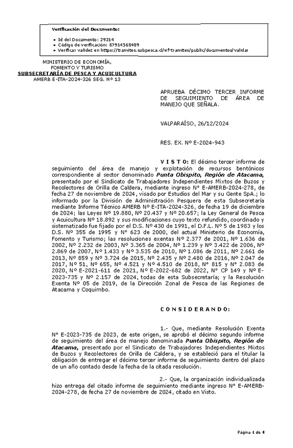 RES. EX. Nº E-2024-943 Aprueba décimo tercer informe de seguimiento. (Publicado en Página Web 27-12-2024)
