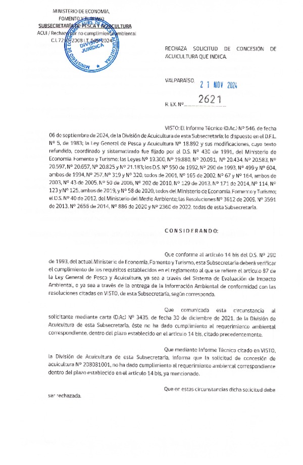 Res. Ex. N° 2621-2023 Rechaza solicitud de concesión de acuicultura que indica. (F.D.O. 07-12-2024)