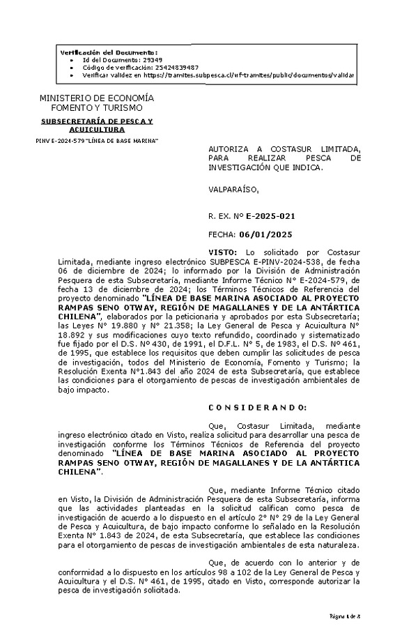 Res. Ex. N° 21-2025 AUTORIZA A COSTASUR LIMITADA, PARA REALIZAR PESCA DE INVESTIGACIÓN QUE INDICA. (Publicado en Página Web 08-01-2025)
