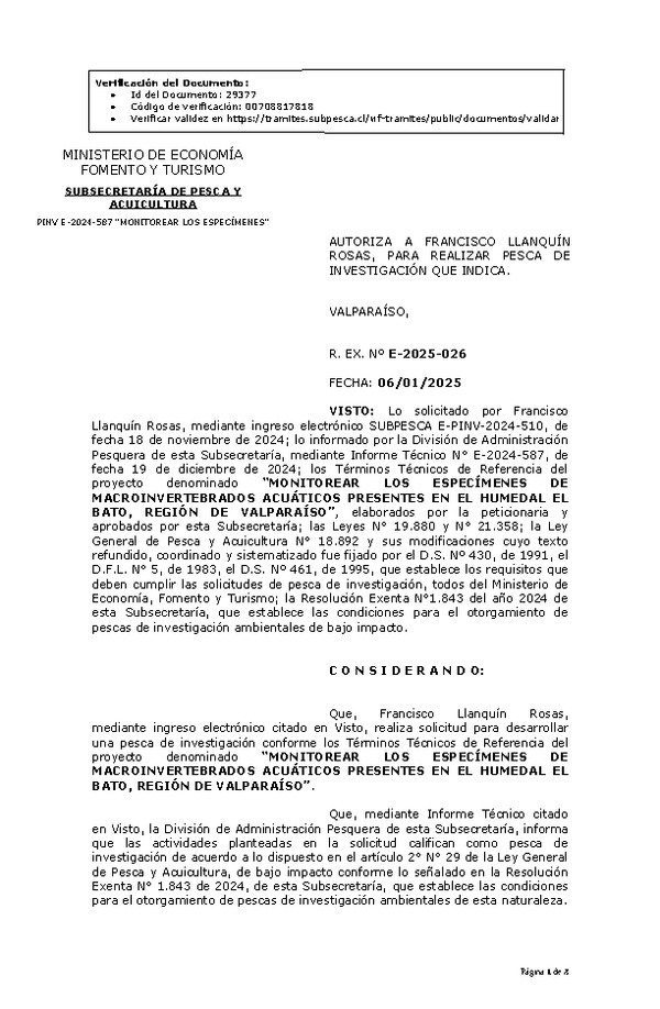 Res. Ex. N° 26-2025 AUTORIZA A FRANCISCO LLANQUÍN ROSAS, PARA REALIZAR PESCA DE INVESTIGACIÓN QUE INDICA. (Publicado en Página Web 08-01-2025)