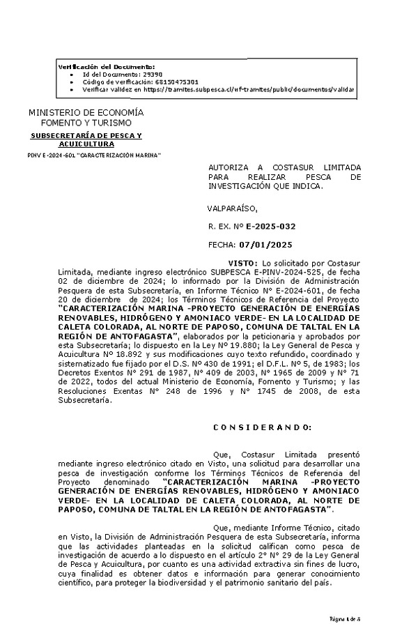 Res. Ex. N° 32-2025 AUTORIZA A COSTASUR LIMITADA PARA REALIZAR PESCA DE INVESTIGACIÓN QUE INDICA. (Publicado en Página Web 08-01-2025)