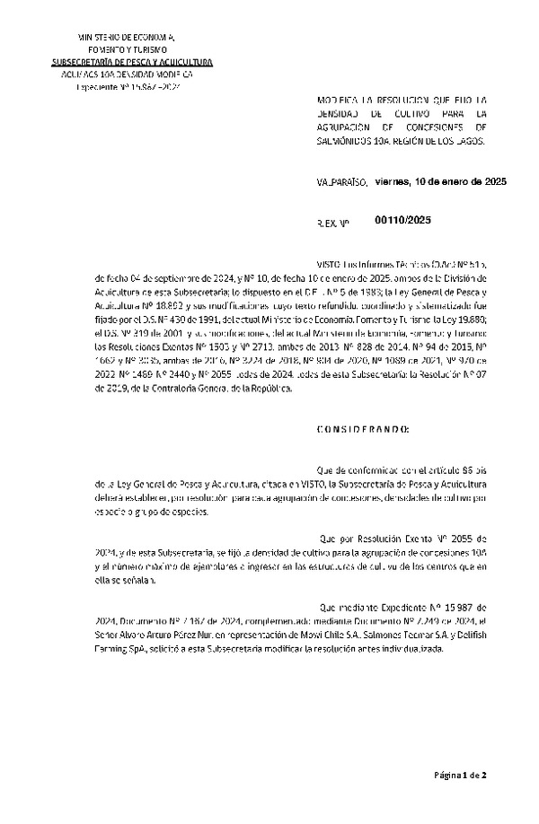 Res. Ex. N° 110-2025 Modifica Res. Ex. N° 2055-2024 Fija densidad de cultivo para la agrupación de concesiones de salmónidos 10A en la Región de Los Lagos. Fija número máximo de ejemplares a ingresar en las estructuras de cultivo que señala.(Con Informe Técnico) (Publicado en Página Web 10-01-2025)