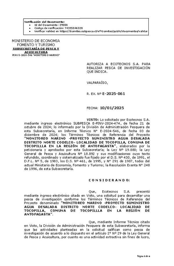 Res. Ex. N° 61-2025 AUTORIZA A ECOTECNOS S.A. PARA REALIZAR PESCA DE INVESTIGACIÓN QUE INDICA. (Publicado en Página Web 13-01-2025)