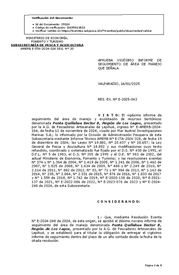 RESOL. EXENTA Nº E-2025-063 Aprueba vigésimo informe de seguimiento. (Publicado en Página Web 15-01-2025)
