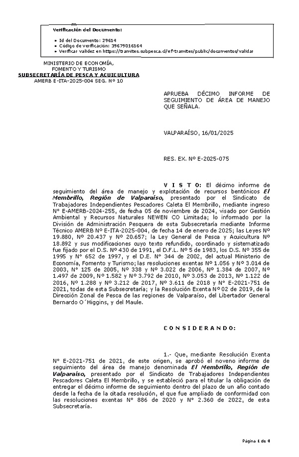 RESOL. EXENTA Nº E-2025-075 Aprueba décimo informe de seguimiento. (Publicado en Página Web 17-01-2025)