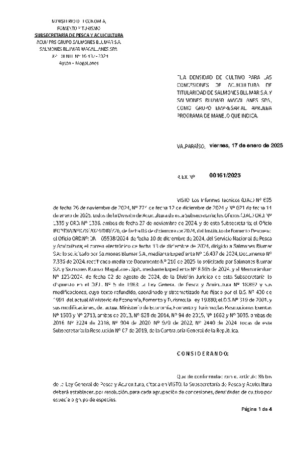 Res. Ex. N° 161-2025 Fija densidad de cultivo para las concesiones de acuicultura de titularidad de Salmones Blumar S.A. y Salmones Blumar Magallanes SpA., como grupo empresarial. Aprueba programa de manejo que indica. (Con Informe Técnico) (Publicado en Página Web 20-01-2025)