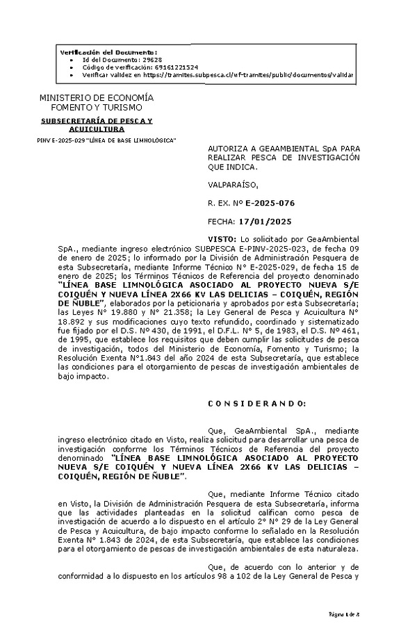 R. EX. Nº E-2025-076 AUTORIZA A GEAAMBIENTAL SpA PARA REALIZAR PESCA DE INVESTIGACIÓN QUE INDICA. (Publicado en Página Web 20-01-2025)