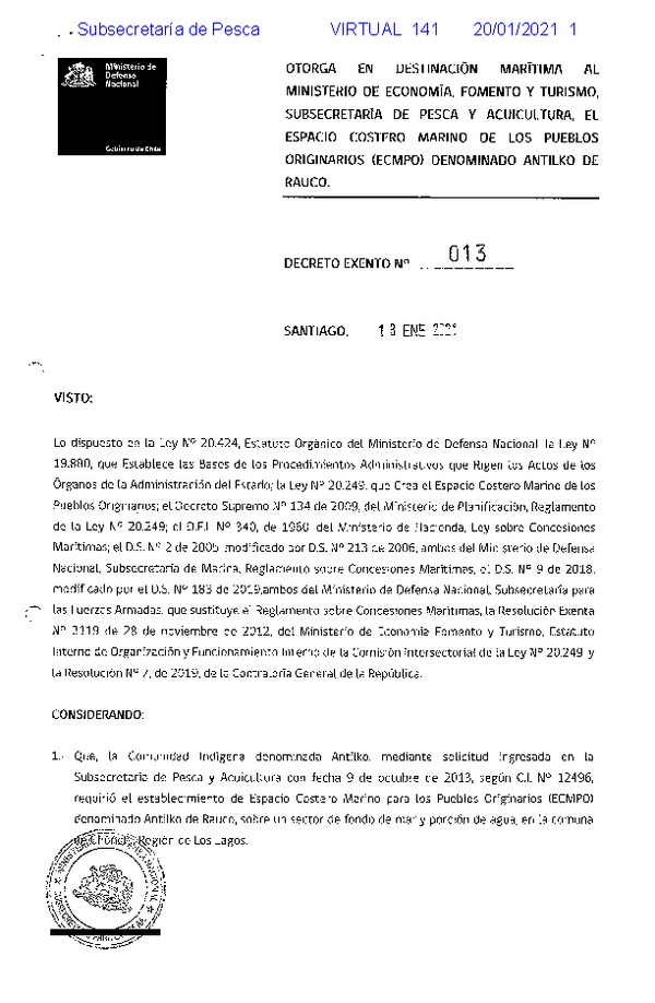 Decreto de regulación marina Antilko de Rauco
