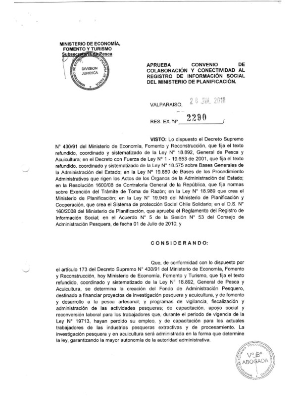 Res. Ex. N°2290-2010, Aprueba convenio de colaboración y conectividad al registro de información social del Ministerio de Planificación