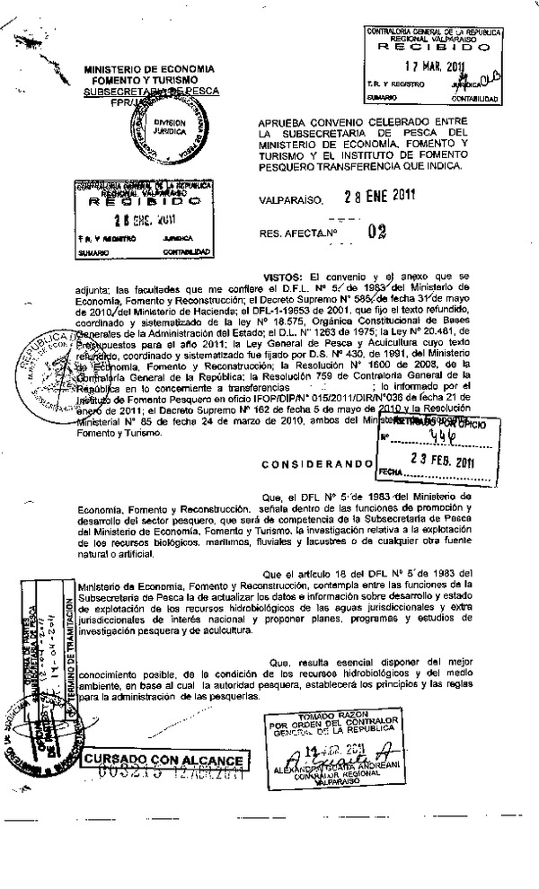 Res. Af. N° 02-2011. Aprueba convenio celebrado entre la Subsecretaría de Pesca y el Instituto de Fomento Pesquero transferencia que indica
