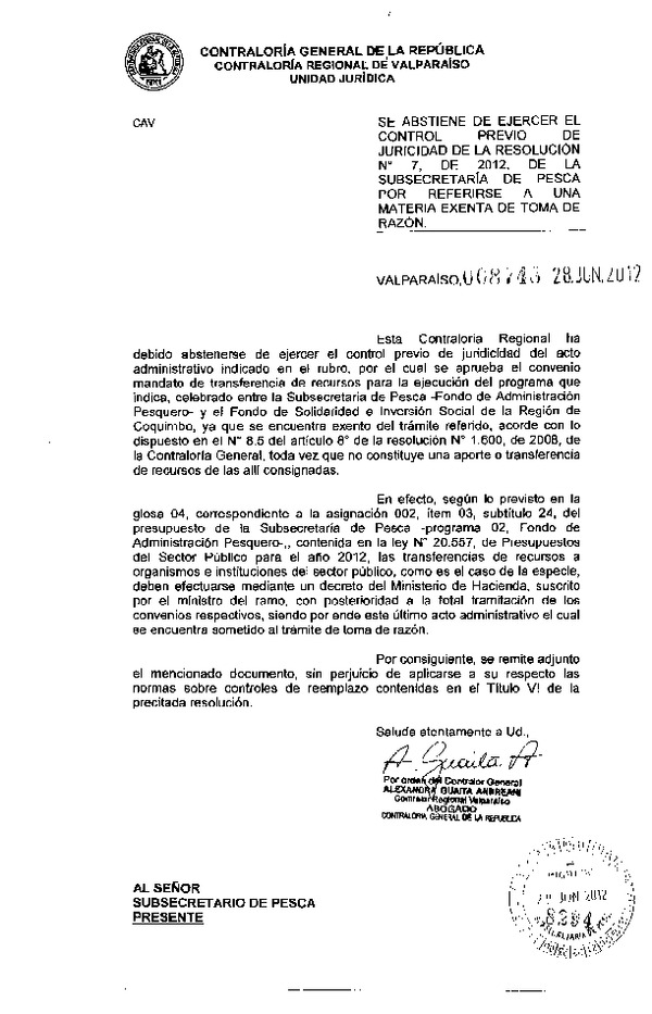 Res. Af. N°07-2012, Aprueba convenio mandato de transferencia de recursos para ejecución de programa "Transferencia integral y replicable para el desarrollo sustentable de la pesca artesanal en la región de Coquimbo"