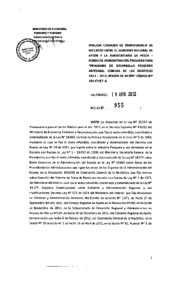 Res. Ex. N°955-2012, Aprueba convenio de transferencia de recursos entre Gobierno Regional de Aysén y la Subsecretaría de Pesca - Fondo de Administración Pesquero