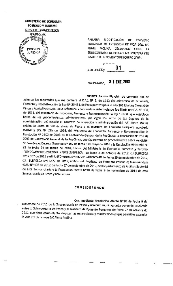Res. Af. N°01-2013, Aprueba modificación de convenio programa de extensión de vida útil B/C Abate Molina, celebrado entre la Subsecretaría de Pesca y el Instituto de Fomento Pesquero (IFOP)