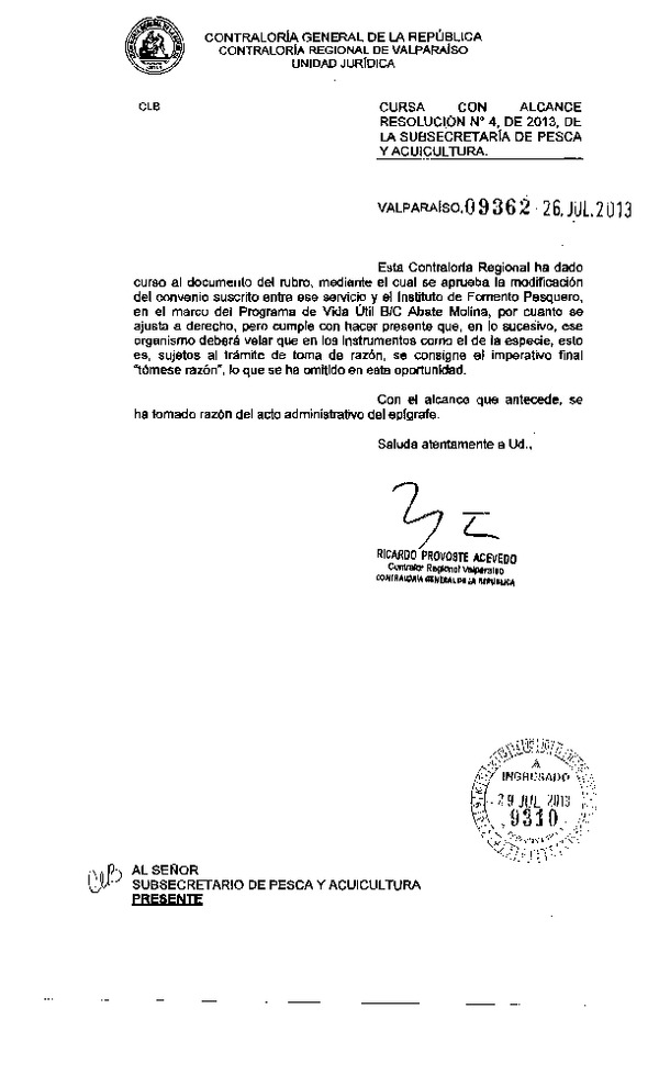Res. Af. N°04-2013, Aprueba modificación de convenio programa de extensión de vida útil B/C Abate Molina, celebrado entre la Subsecretaría de Pesca y el Instituto de Fomento Pesquero (IFOP)