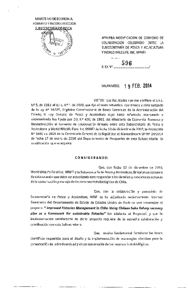 Res. Ex. N°596-2014, Aprueba modificación de convenio de colaboración celebrado entre la Subsecretaría de Pesca y Acuicultura y WORLD WILDLIFE, INC. (WWF)
