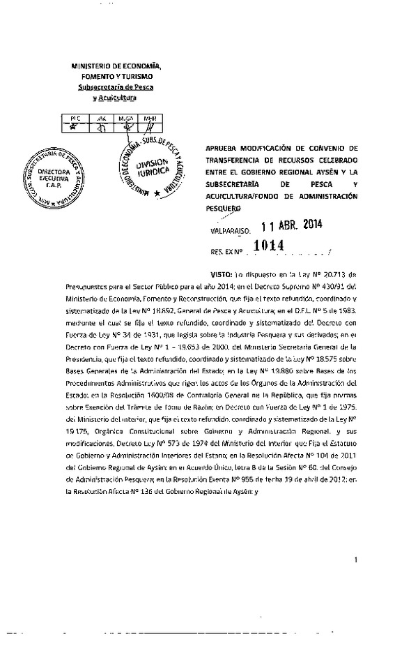 Res. Ex. N°1014-2014, Aprueba modificación de convenio de transferencia de recursos celebrado entre Gobierno Regional de Aysén y la Subsecretaría de Pesca y Acuicultura - Fondo de Administración Pesquero