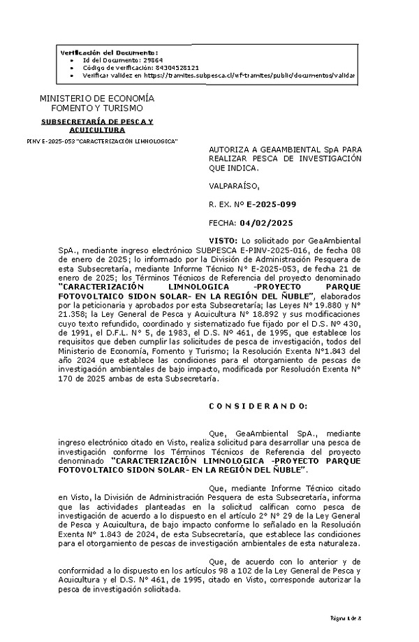 R. EX. Nº E-2025-099 AUTORIZA A GEAAMBIENTAL SpA PARA REALIZAR PESCA DE INVESTIGACIÓN QUE INDICA. (Publicado en Página Web 05-02-2025)