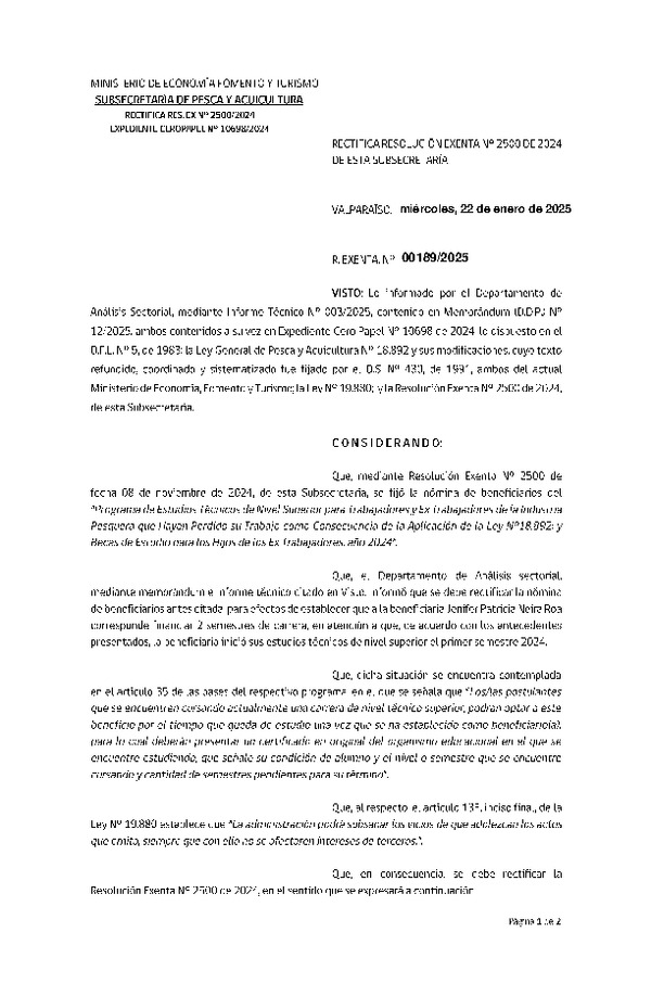 Res. Ex. N° 189-2025 Rectifica Res. Ex. N° 2500-2024 Fija nómina de beneficiarios que indica, en el marco del programa que señala, año 2024. (Publicado en Página Web 05-02-2025)