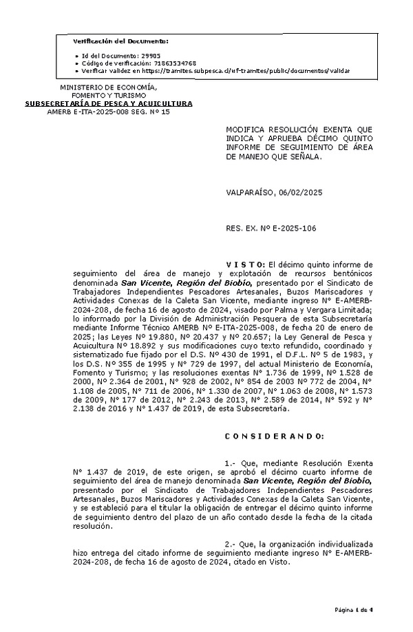 RESOL. EXENTA Nº E-2025-106 Modifica Resolución que indica, Aprueba décimo quinto informe de seguimiento. (Publicado en Página Web 07-02-2025)