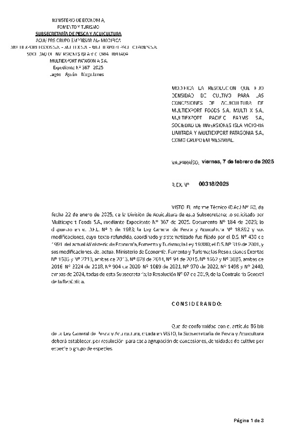 Res. Ex. N° 318-2025 Modifica Res. Ex Nº 1498-2024 Fija densidad de cultivo para las concesiones de acuicultura de titularidad de Multiexport Foods S.A., Multi X S.A., Multiexport Pacific Farms S.A., Sociedad de Inversiones Isla Victoria Limitada y Multiexport Patagonia S.A. como grupo empresarial. (Con Informe Técnico) (Publicado en Página Web 07-02-2025)