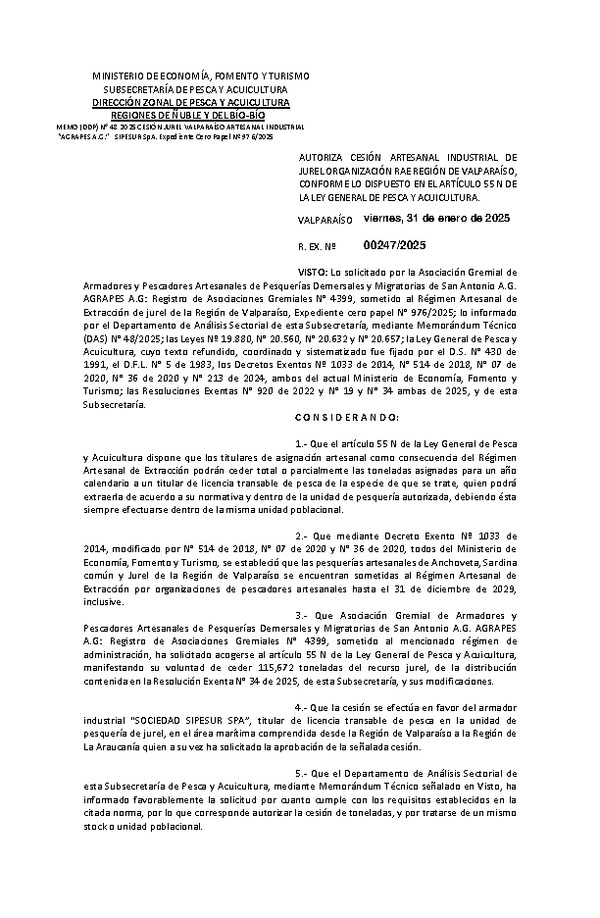 Res. Ex N° 00247-2025, Autoriza Cesión de Jurel Región de Valparaíso. (Publicado en Página Web 10-02-2025).