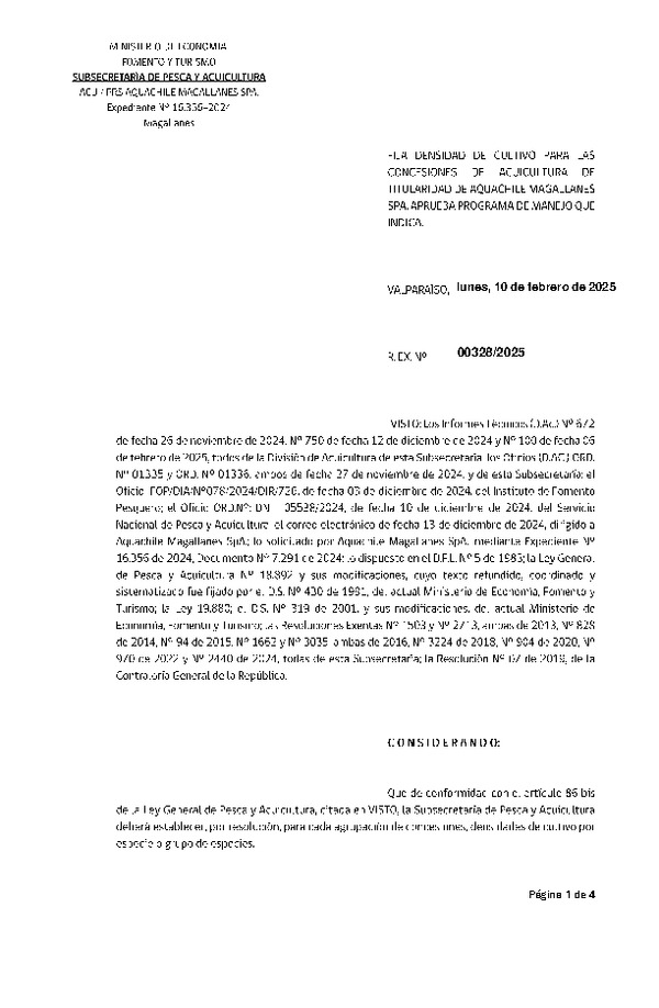 Res. Ex. N° 328-2025 Fija densidad de cultivo para las concesiones de acuicultura de titularidad de Aquachile Magallanes SpA. Aprueba programa de manejo que indica. (Con Informe Técnico) (Publicado en Página Web 10-02-2025)