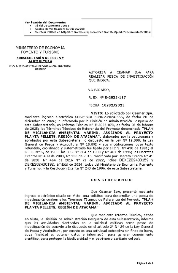 R. Ex. Nº E-2025-117 AUTORIZA A CEAMAR SpA PARA REALIZAR PESCA DE INVESTIGACIÓN QUE INDICA. (Publicado en Página Web 11-02-2025)