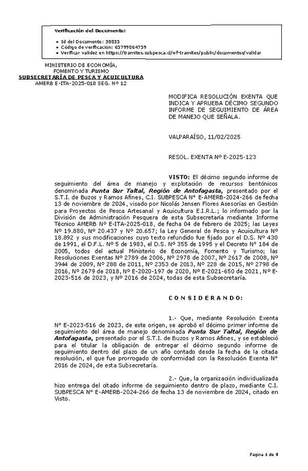 Res. Ex. Nº E-2025-123 Modifica resolución que indica y Aprueba 12° seguimiento. (Publicado en Página Web 12-02-2025)