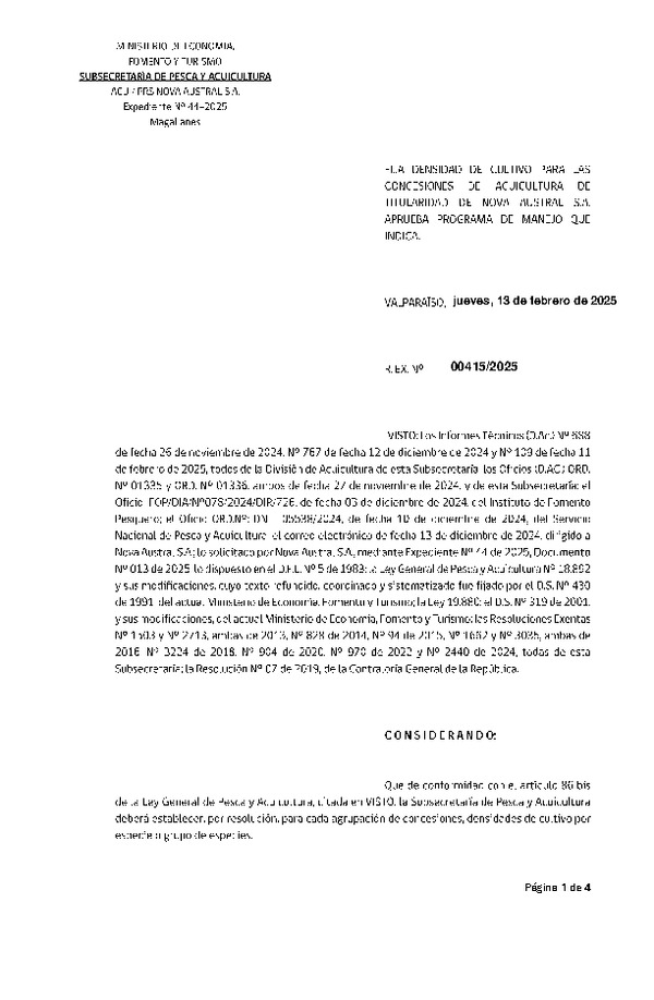 Res. Ex. N° 415-2025, Fija densidad de cultivo para las concesiones de titularidad de Nova Austral S.A. Aprueba programa de manejo que indica.(Con Informe Técnico)(Publicado en Página Web 14-02-2025)
