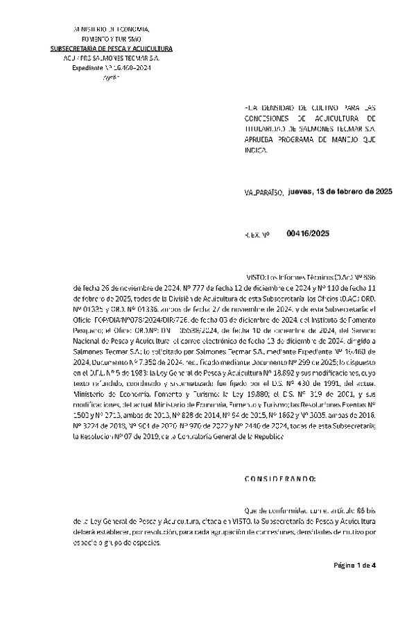 Res. Ex. N° 416-2025 Fija densidad de cultivo para las concesiones de acuicultura de titularidad de Salmones Tecmar S.A. Aprueba programa de manejo que indica. (Con Informe Técnico) (Publicado en Página Web 14-02-2025)